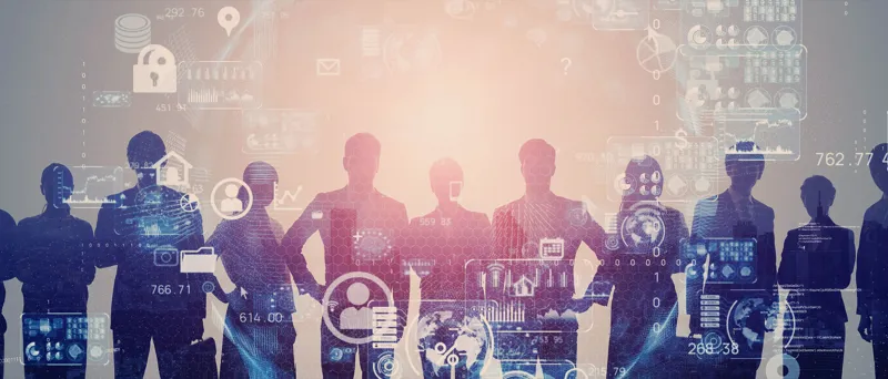 People in silhouette with an overlay of business and engineering symbols.
